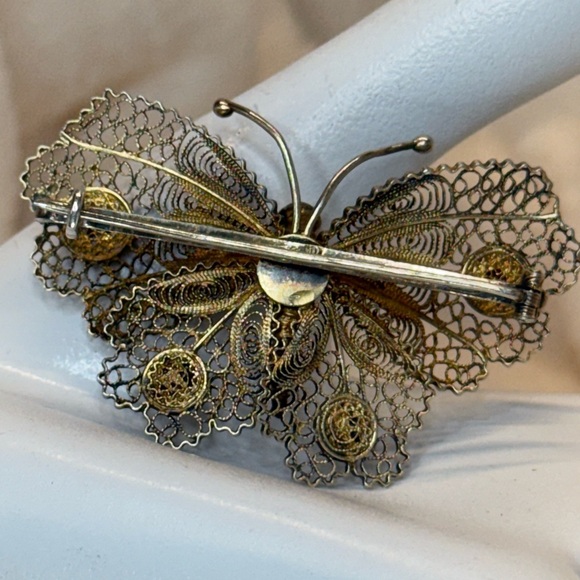 Antique Signed Sterling Silver 800 Filigree Butterfly Coral/Carnelian Brooch EUC - Picture 4 of 16